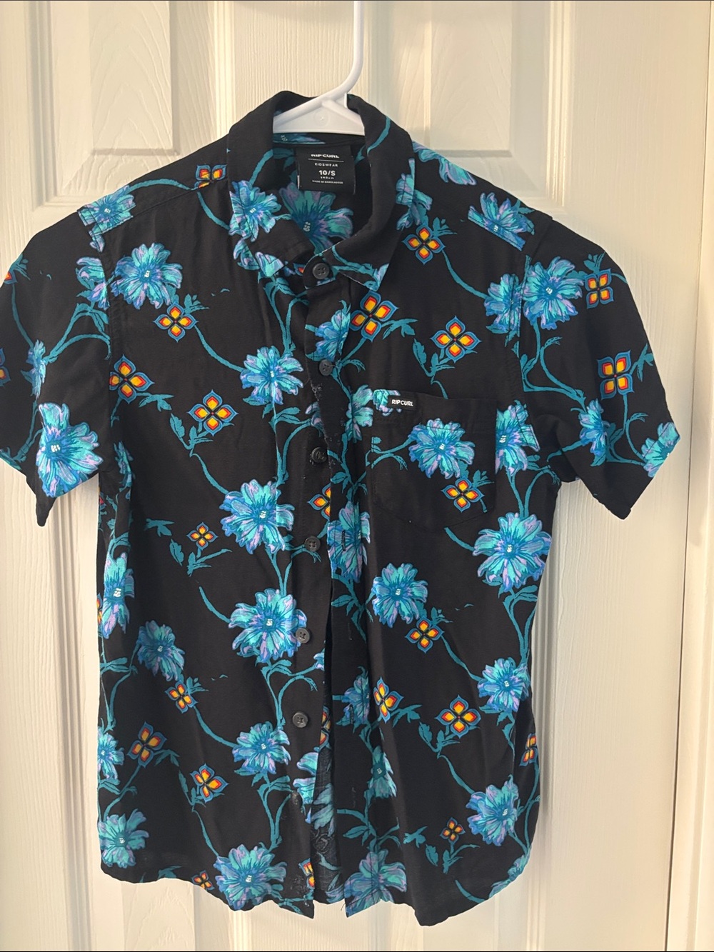 Rip Curl Black Short-Sleeve Button-Down with Blue Floral Print
